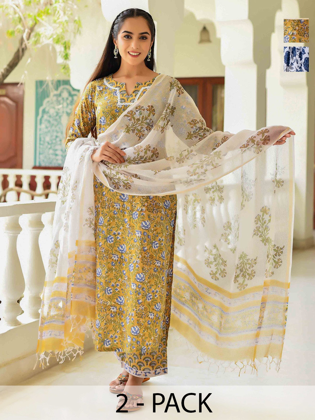 

KALINI Selection Of 2 Floral Printed Empire V-Neck A-line Kurta With Trouser And Dupatta, White