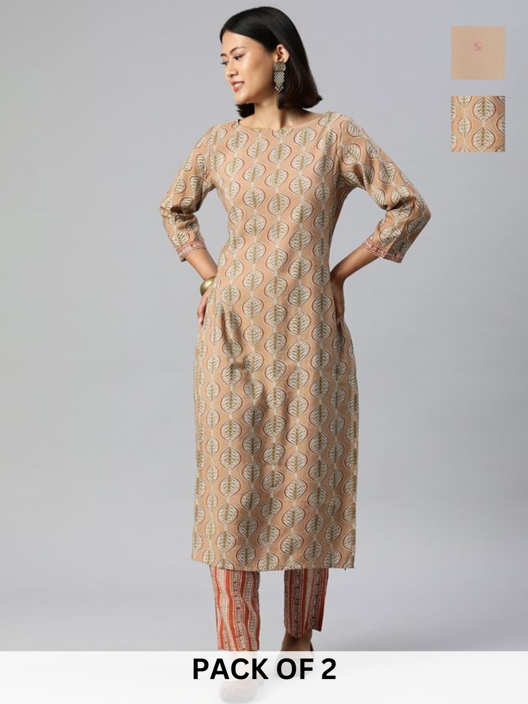 

KALINI Selection Of 2 Ethnic Motifs Printed Cotton Blend Straight Kurta With Trousers, Brown