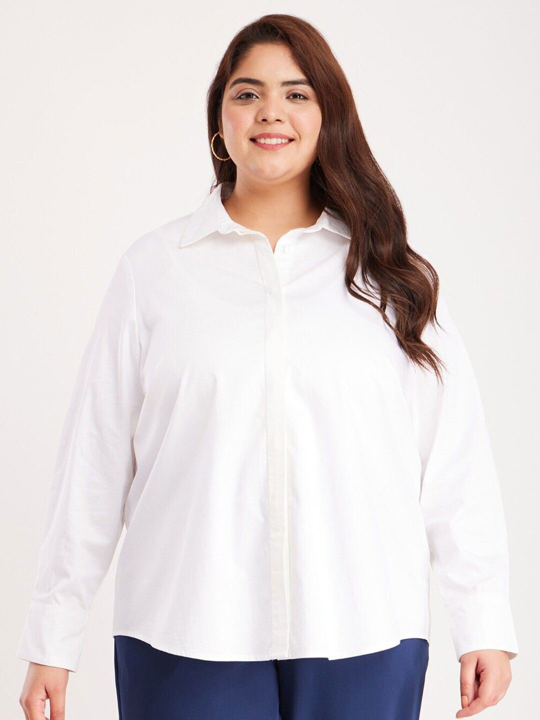 

WHY SO FAB Women Plus Size Comfort Relaxed Fit Spread Collar Solid Cotton Casual Shirt, White