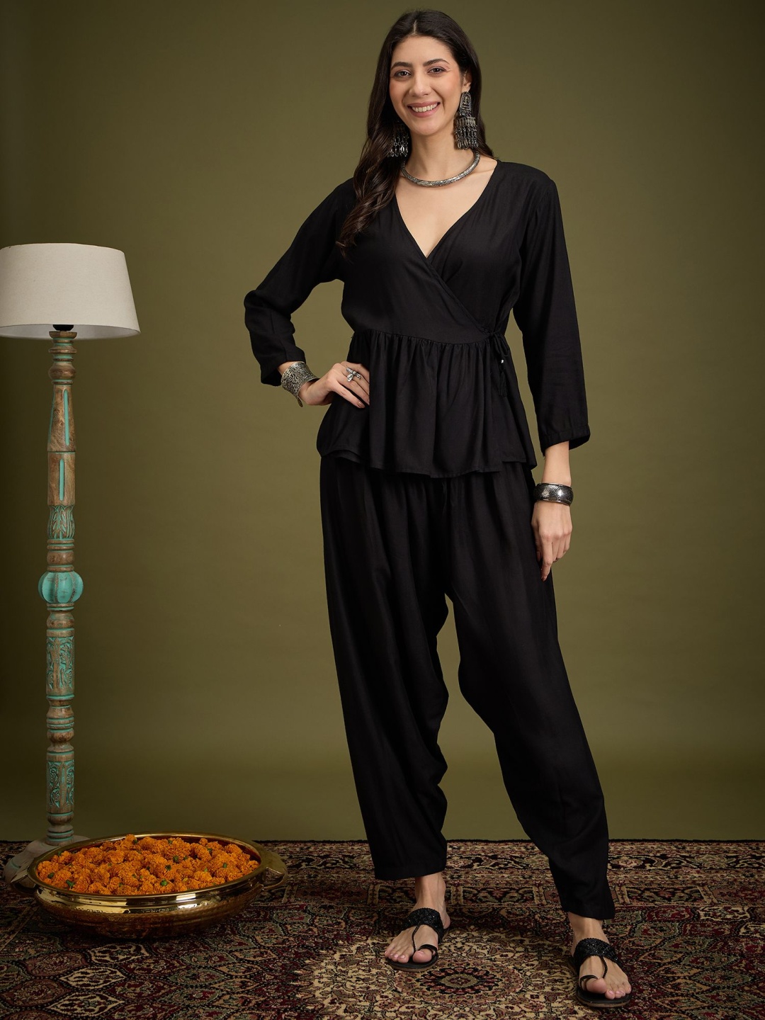 

InWeave V-Neck Angrakha Top With Dhoti Pant, Black