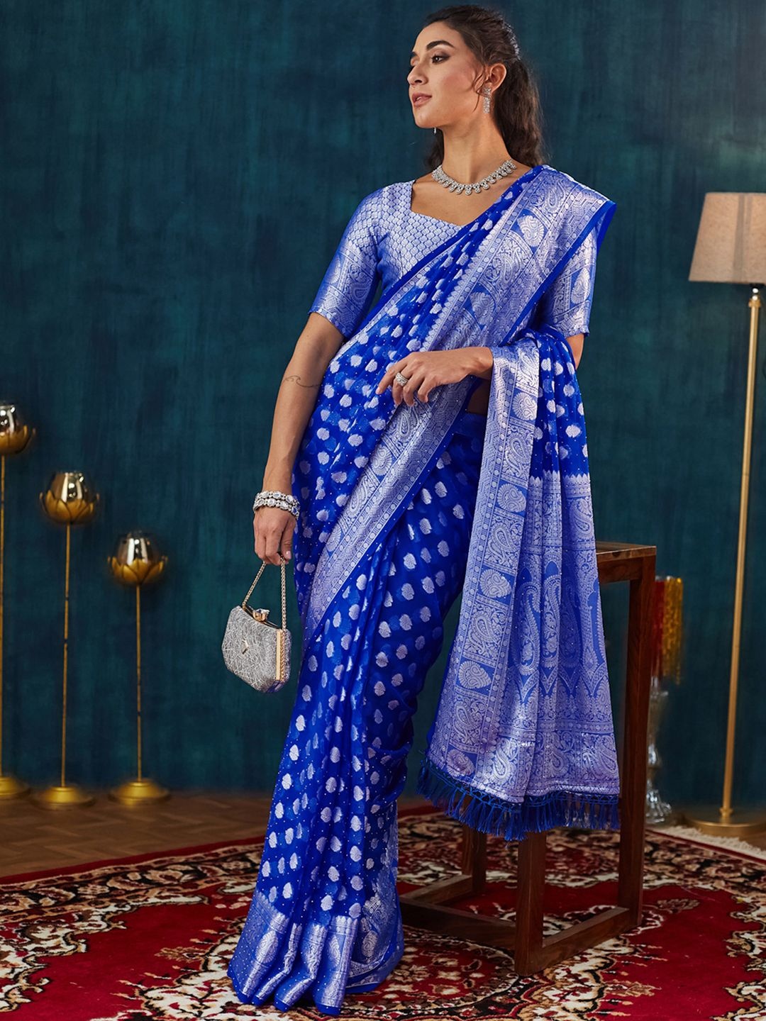 

Satrani Woven Design Pure Georgette Saree, Blue