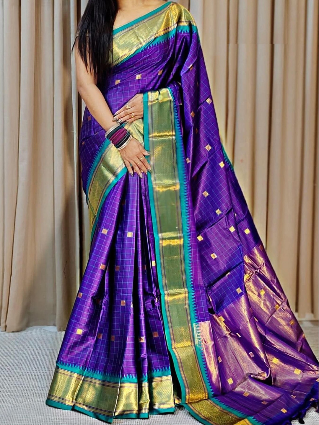 

Aika Woven Design Zari Pure Cotton Kanjeevaram Saree, Purple