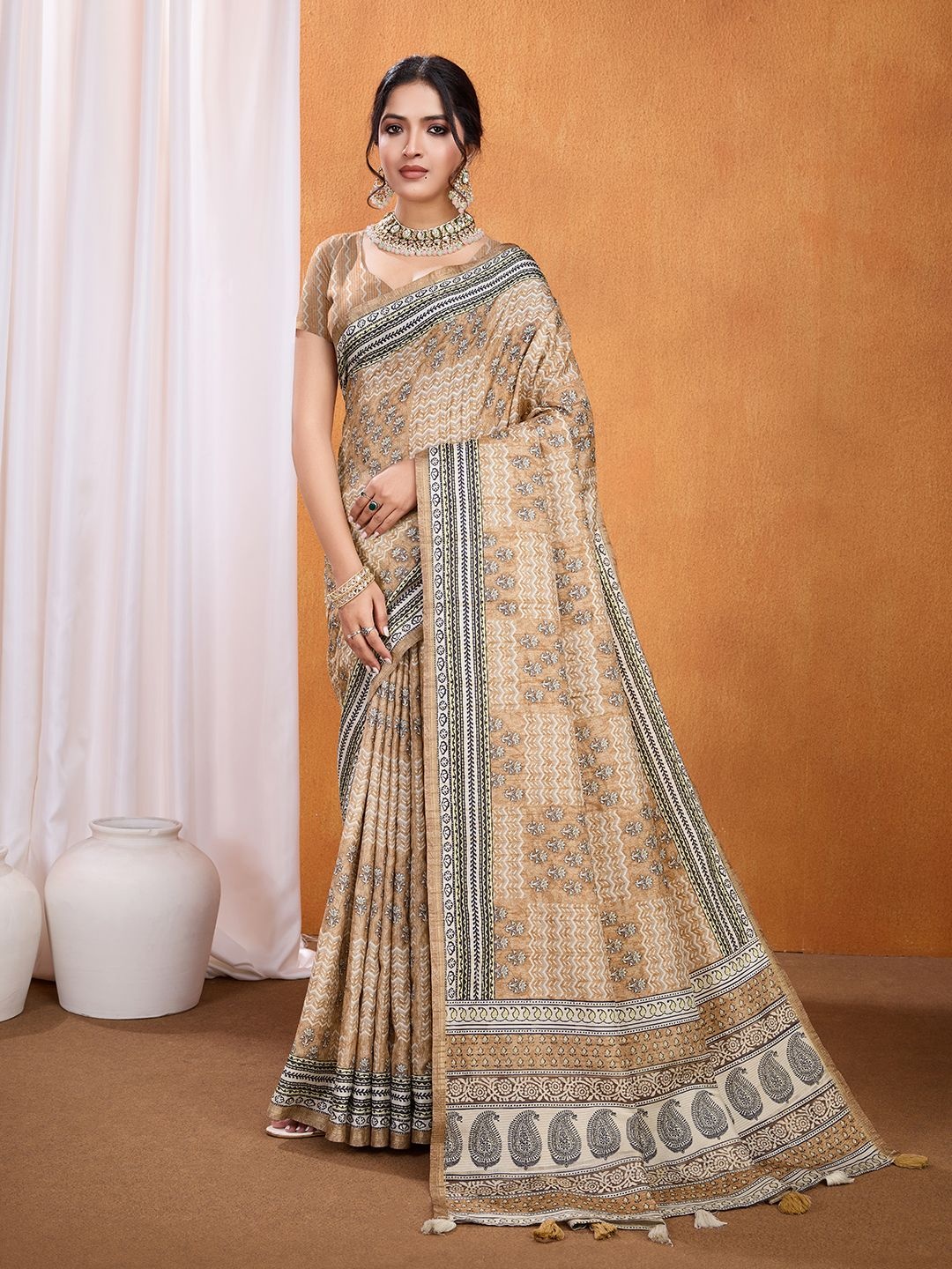 

all about you Ajrak Block Pashmina Saree, Beige