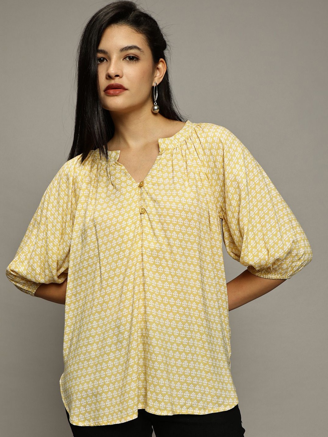 

The Roadster Lifestyle Co Women Mandarin Collar Puff Sleeves Shirt Style Top, Yellow
