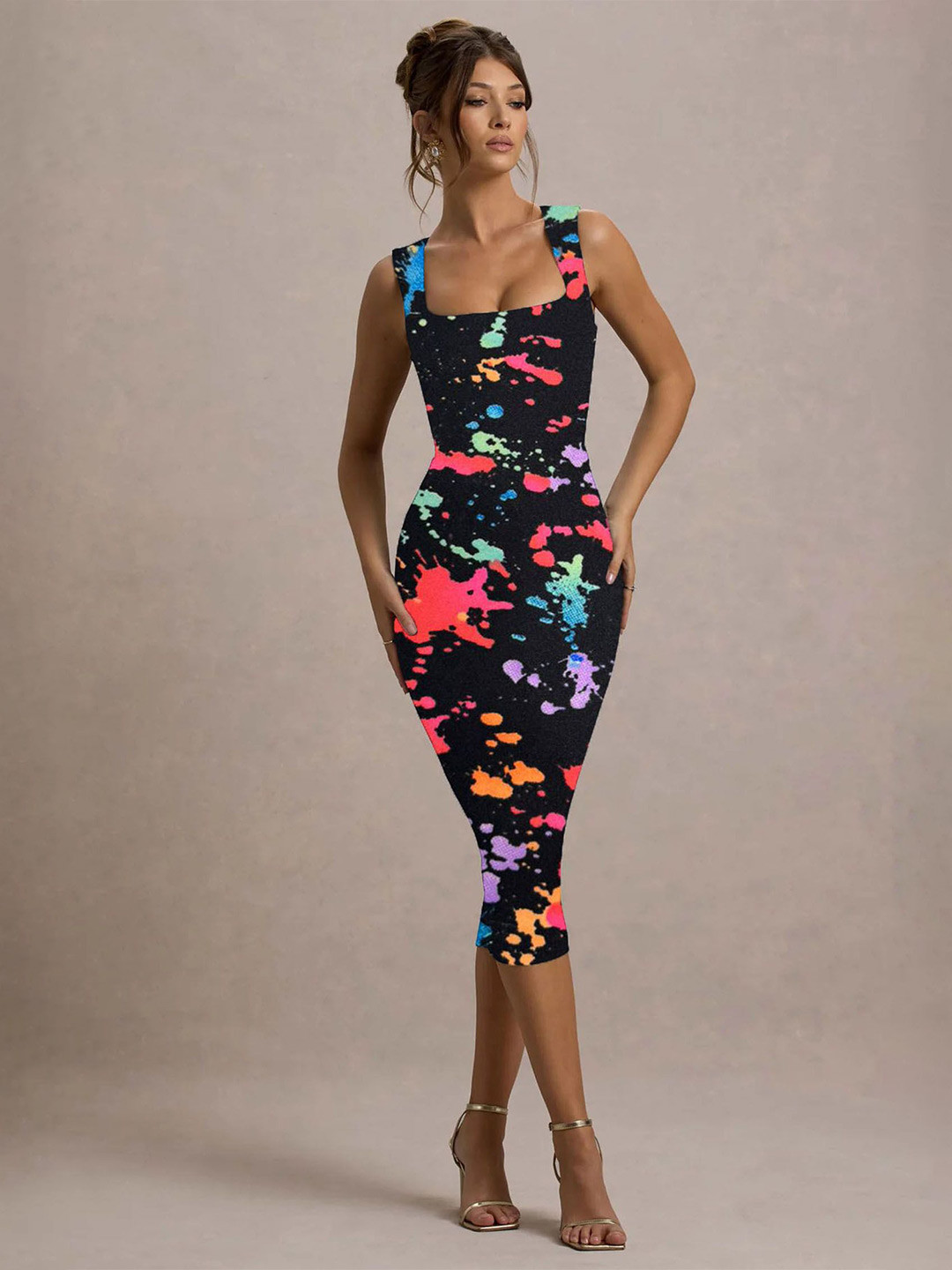 

TRAQUILA Women Square Neck Abstract Printed Bodycon Dress, Black