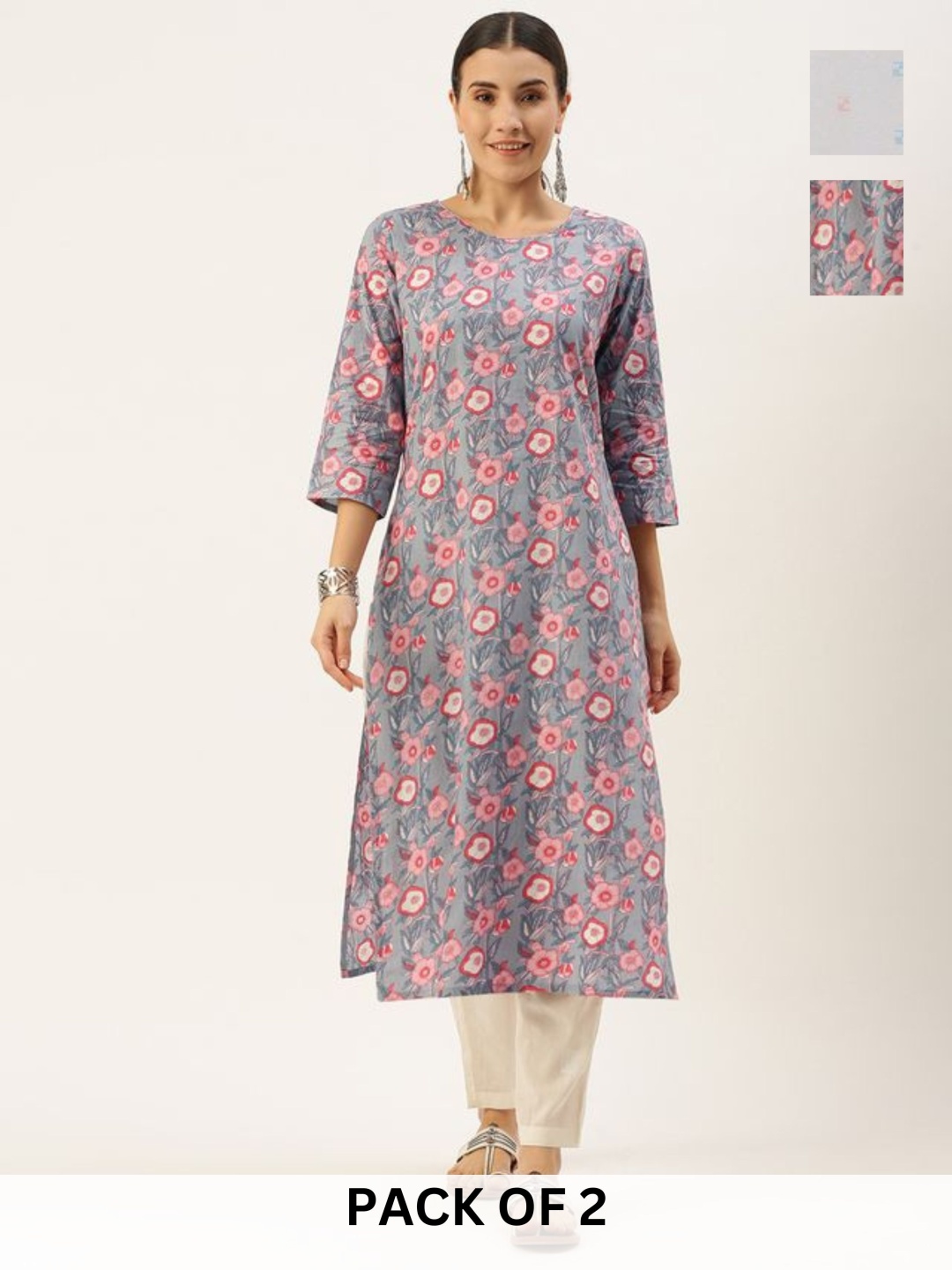 

KALINI Selection Of 2 Floral Printed Round Neck Straight Kurta With Trouser, Grey