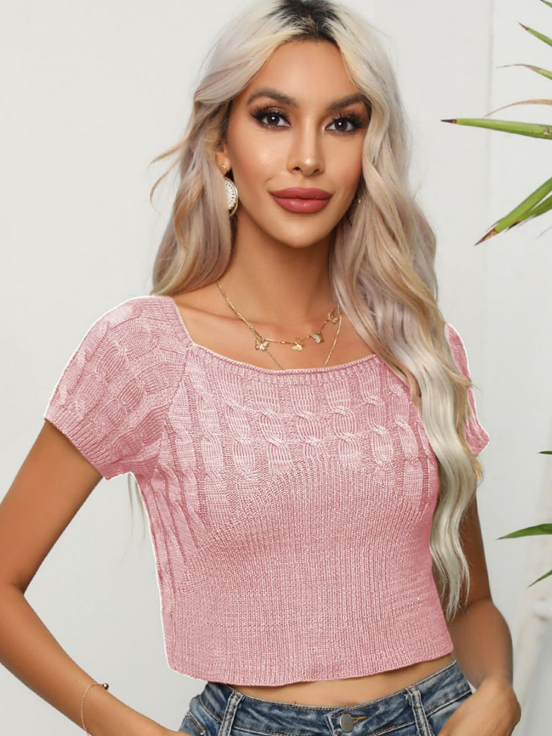 

Oh Rare Women Cable Knit Crop Pullover, Pink