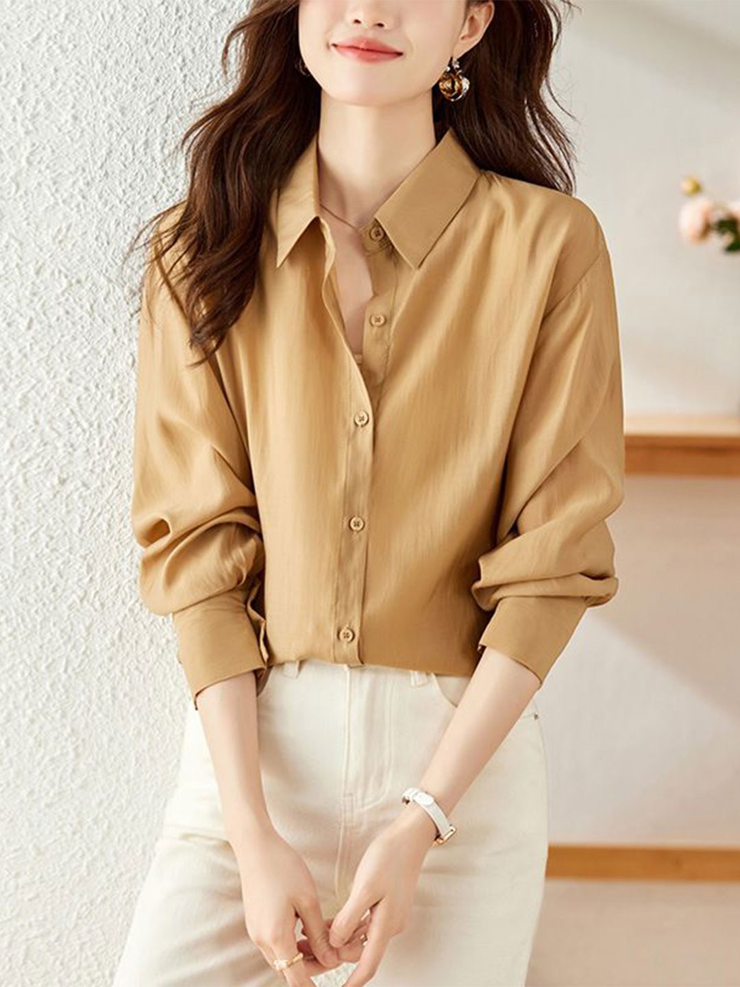 

StyleCast Women Relaxed Fit Spread Collar Solid Casual Shirt, Brown