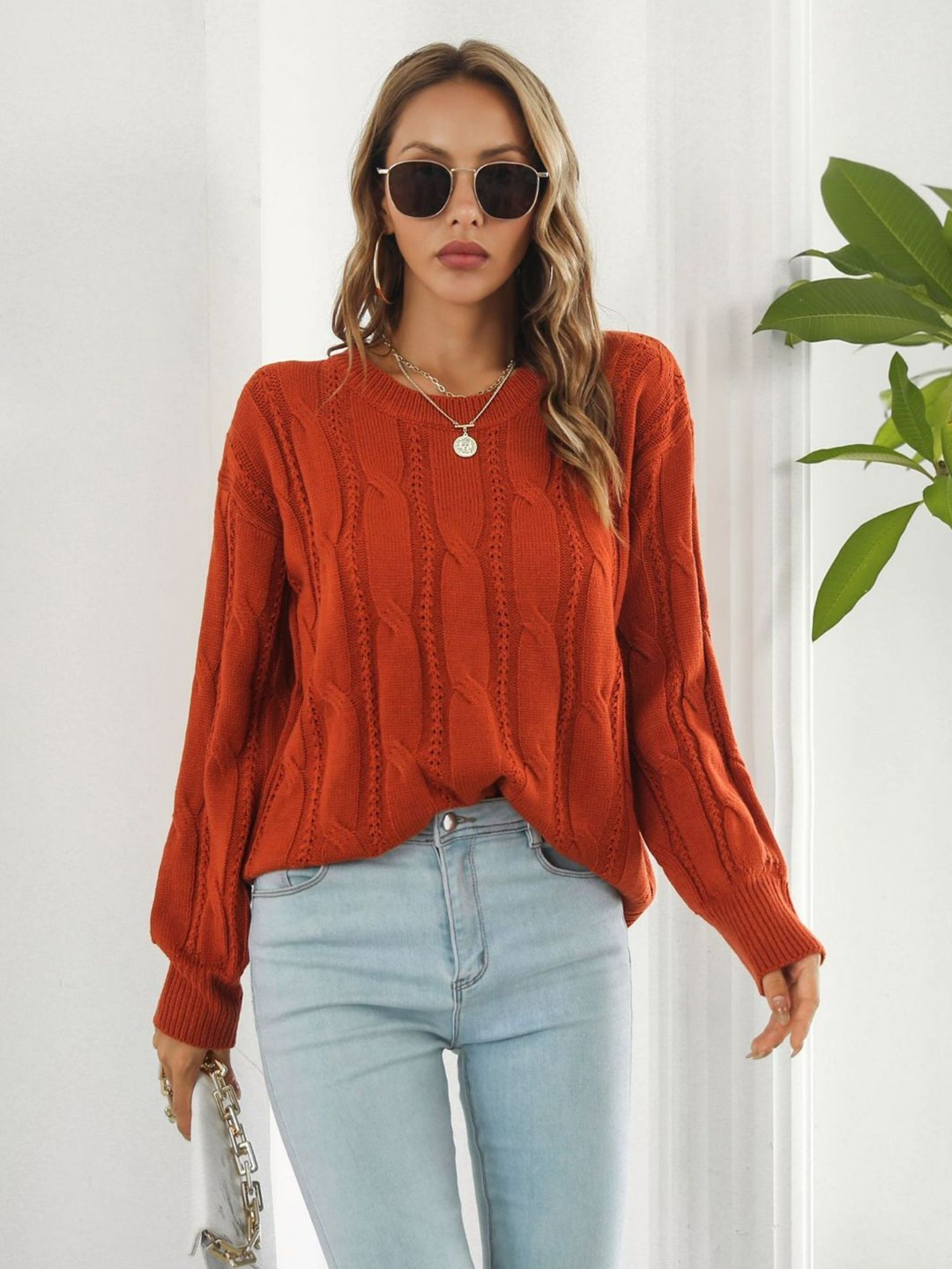 

Oh Rare Women Round Neck Pullover Sweater, Rust