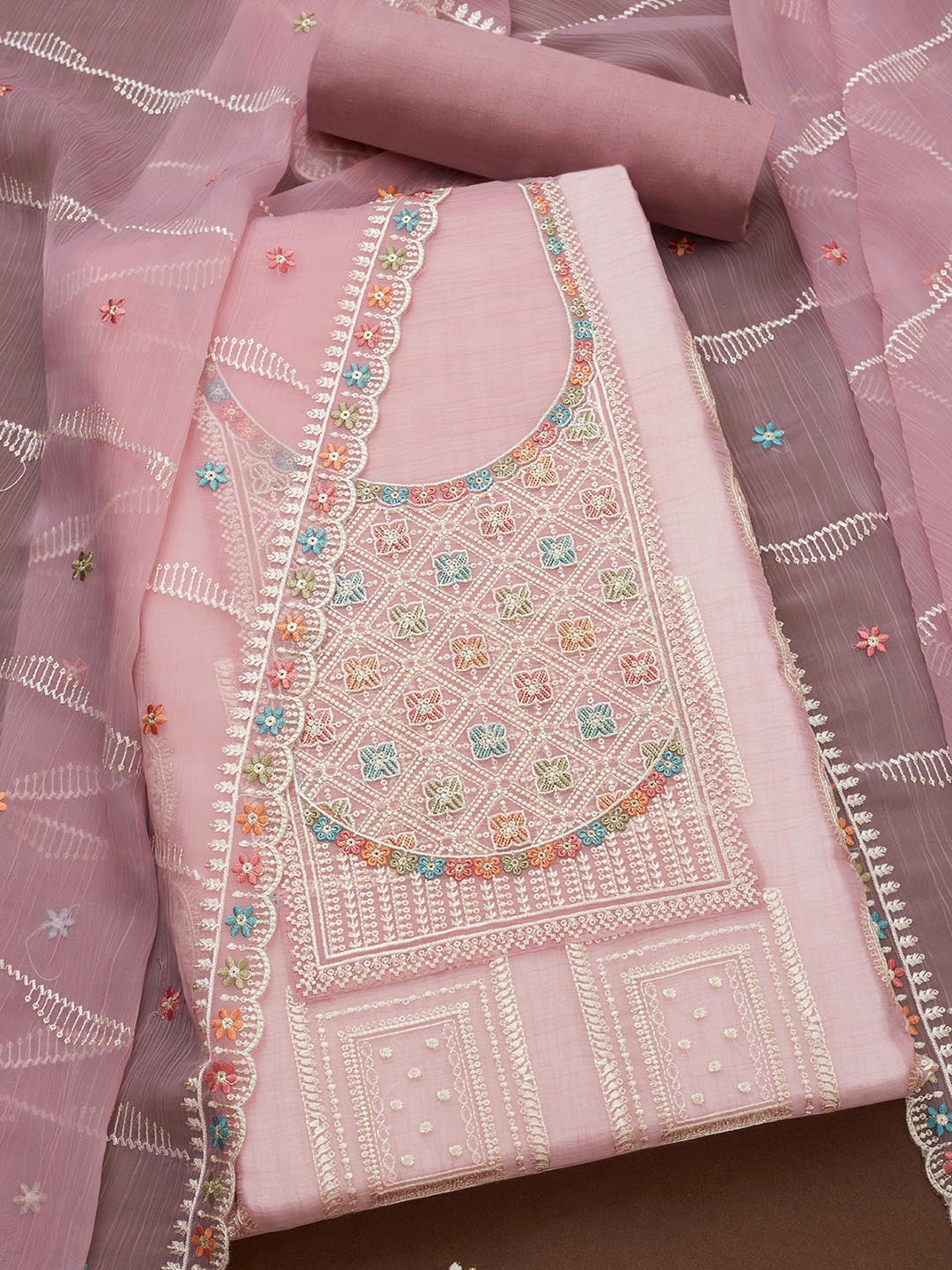 

Soch Floral Embroidered Sequinned Unstitched Dress Material, Pink
