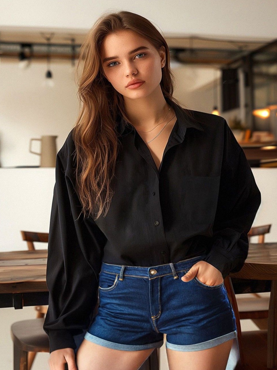 

WHY SO FAB Women Classic Fit Spread Collar Solid Cotton Casual Shirt, Black