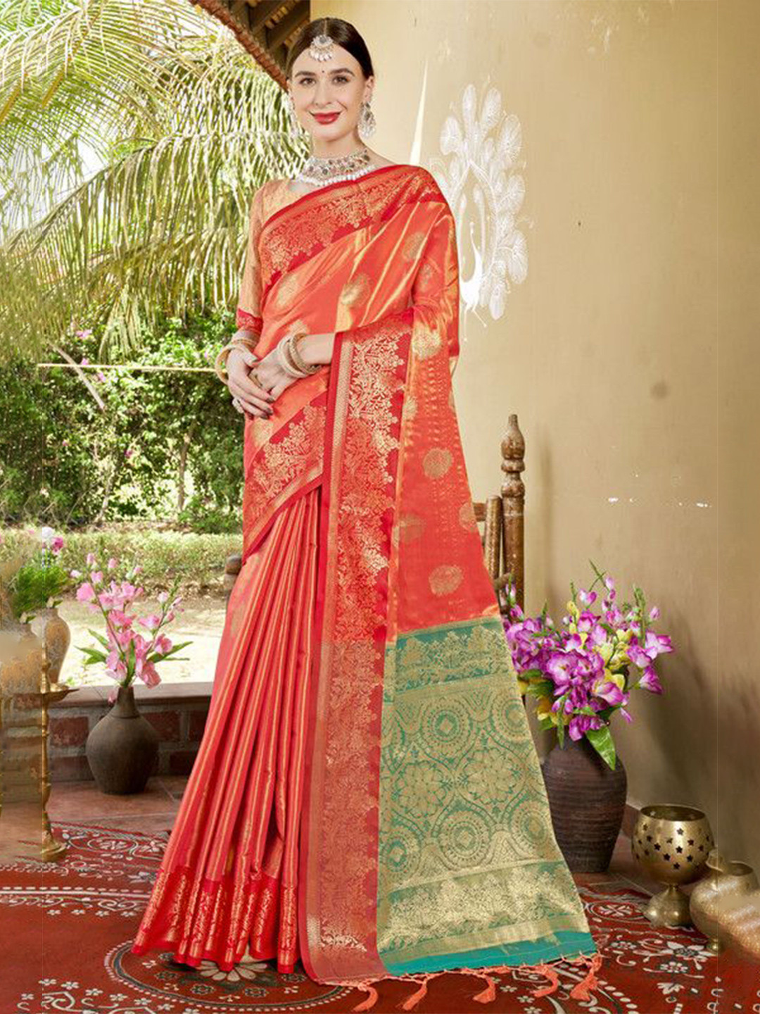 

sagarika Ethnic Motifs Zari Banarasi Saree, Red