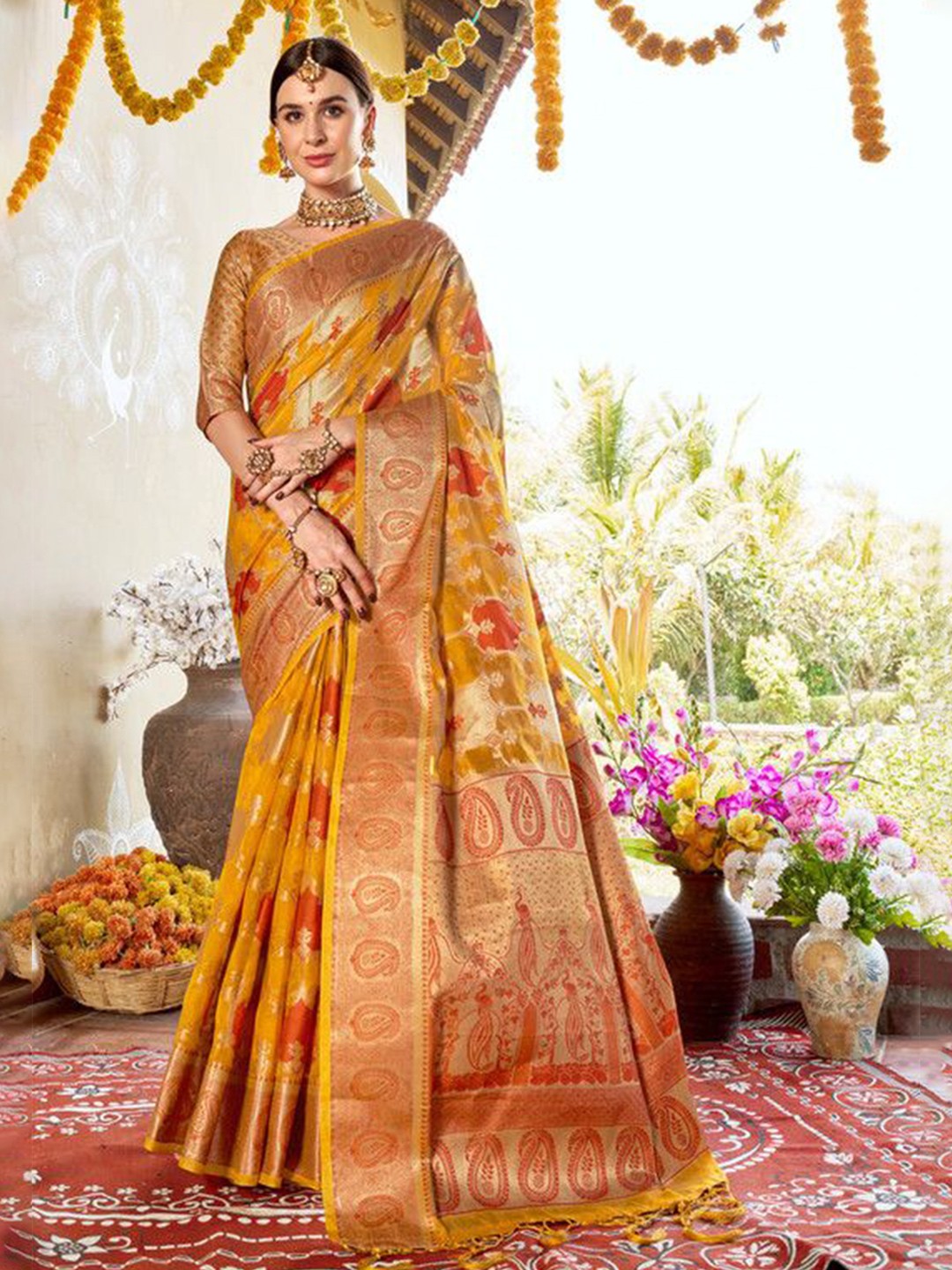 

sagarika Ethnic Motifs Zari Organza Banarasi Saree, Yellow