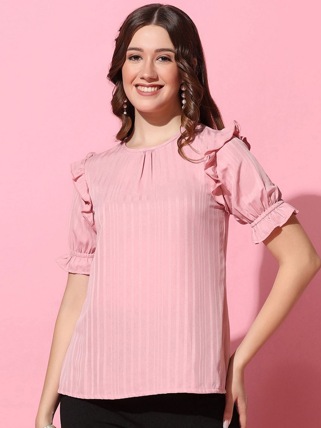 

BAESD Women Striped Puff Sleeves Ruffles Top, Pink