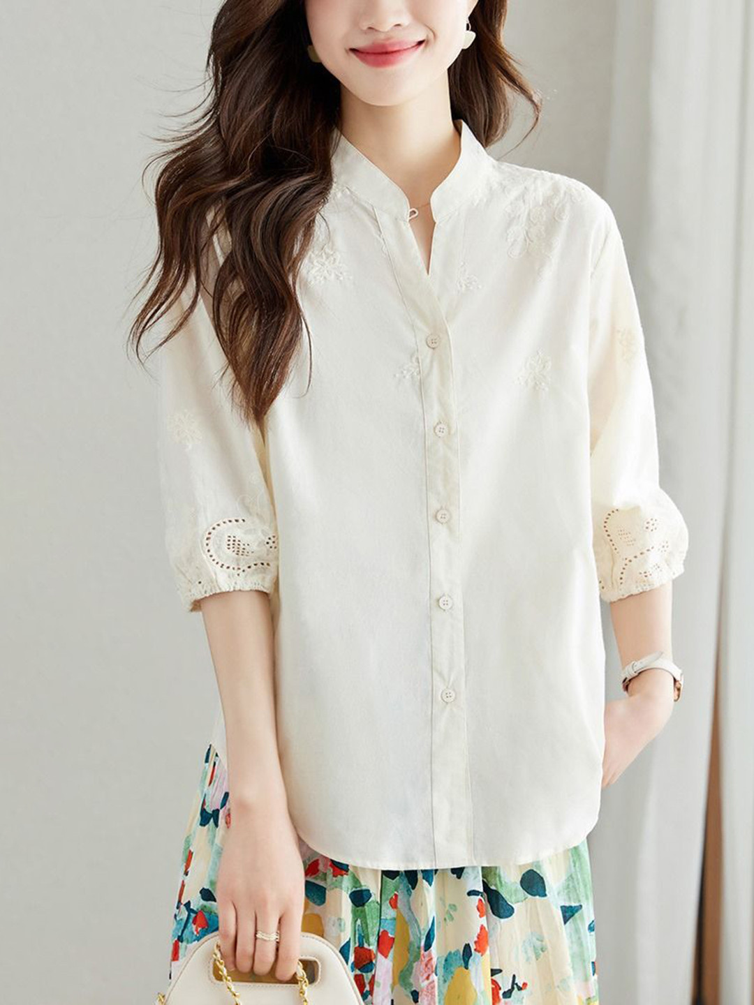 

StyleCast Women Self Design Floral Embroidered Puff Sleeves Cotton Casual Shirt, Off white
