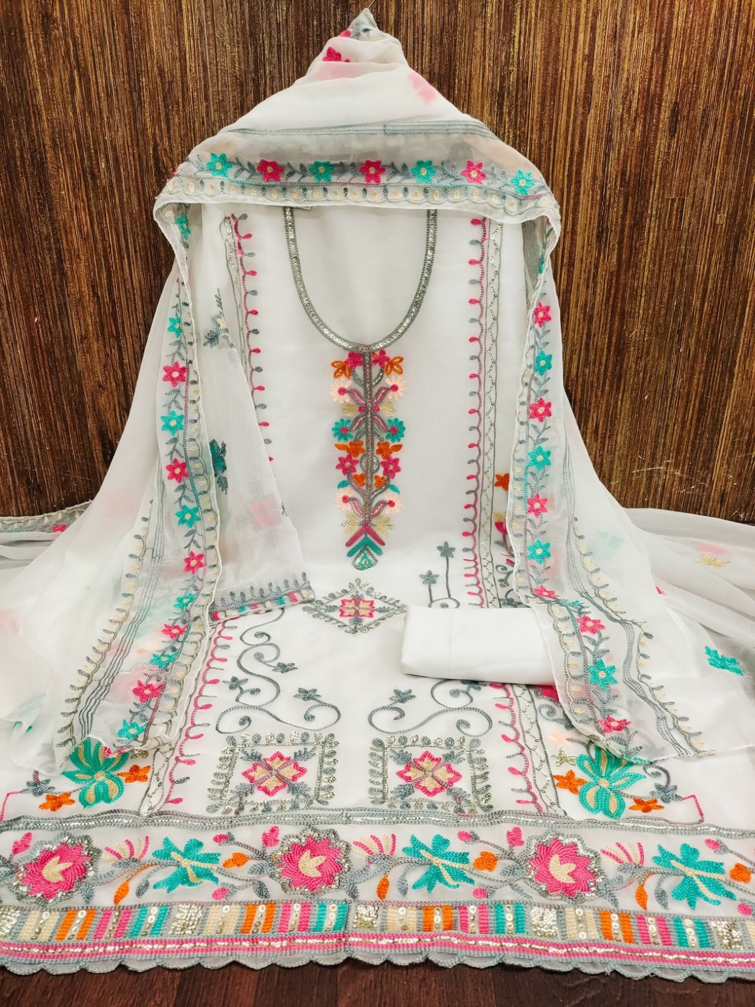 

Aika Floral Embroidered Sequinned Work Unstitched Dress Material, White