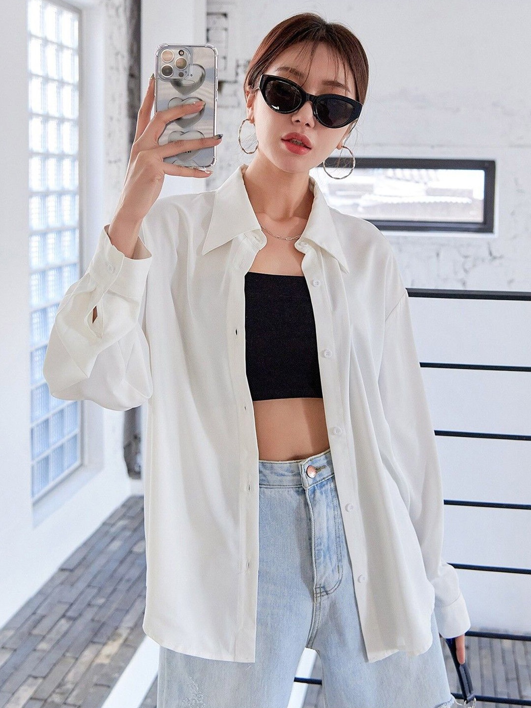 

WHY SO FAB Women Comfort Relaxed Fit Spread Collar Solid Cotton Casual Shirt, White