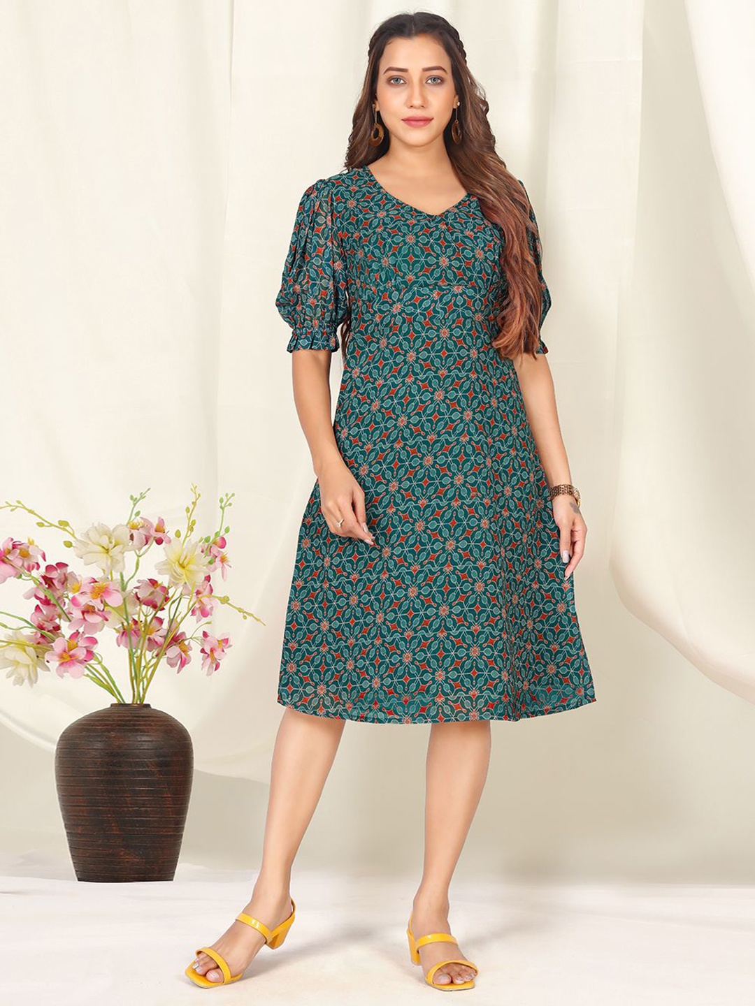 

BAESD Printed Puff Sleeve Georgette A-Line Dress, Green