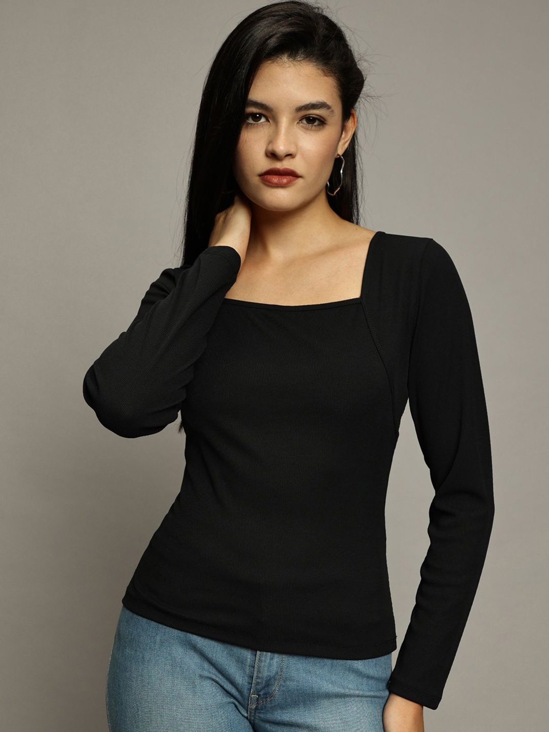 

The Roadster Lifestyle Co Square Neck Long Sleeve Casual Top, Black