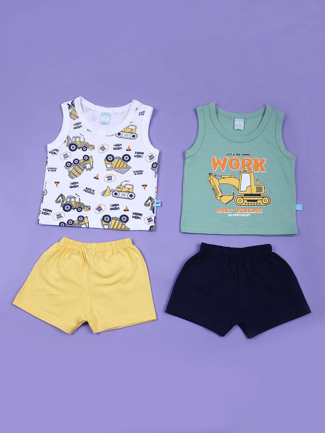 

V-Mart Boys Pack Of 2 Printed Sleeveless Pure Cotton T-Shirts With Shorts, White