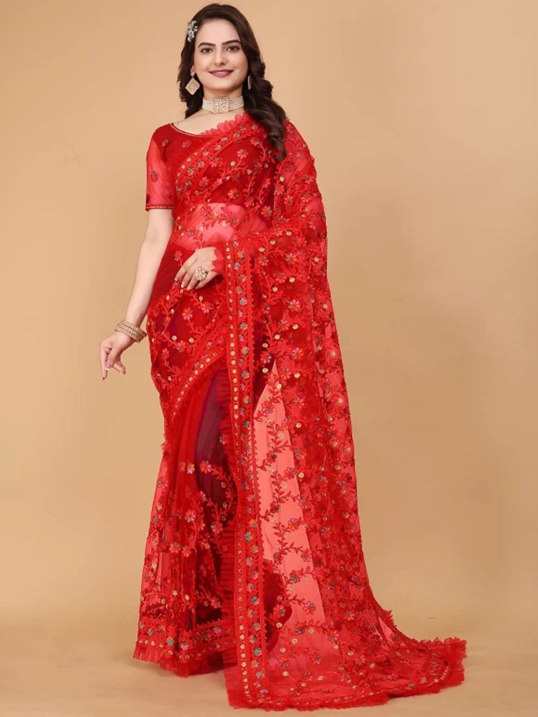 

Aika Floral Embroidered Net Saree, Red