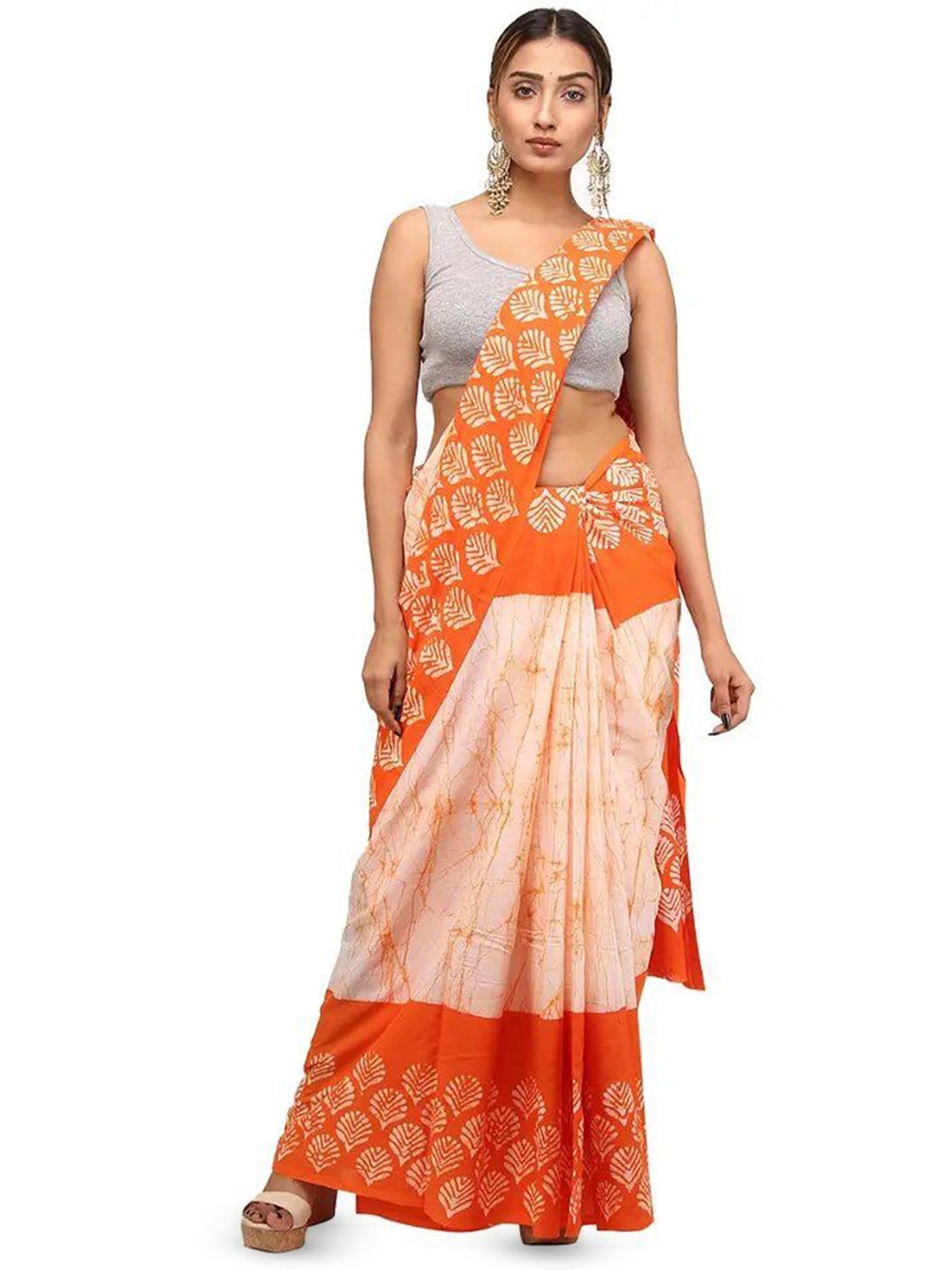 

Craft Musium Floral Pure Cotton Bagru Saree, Orange