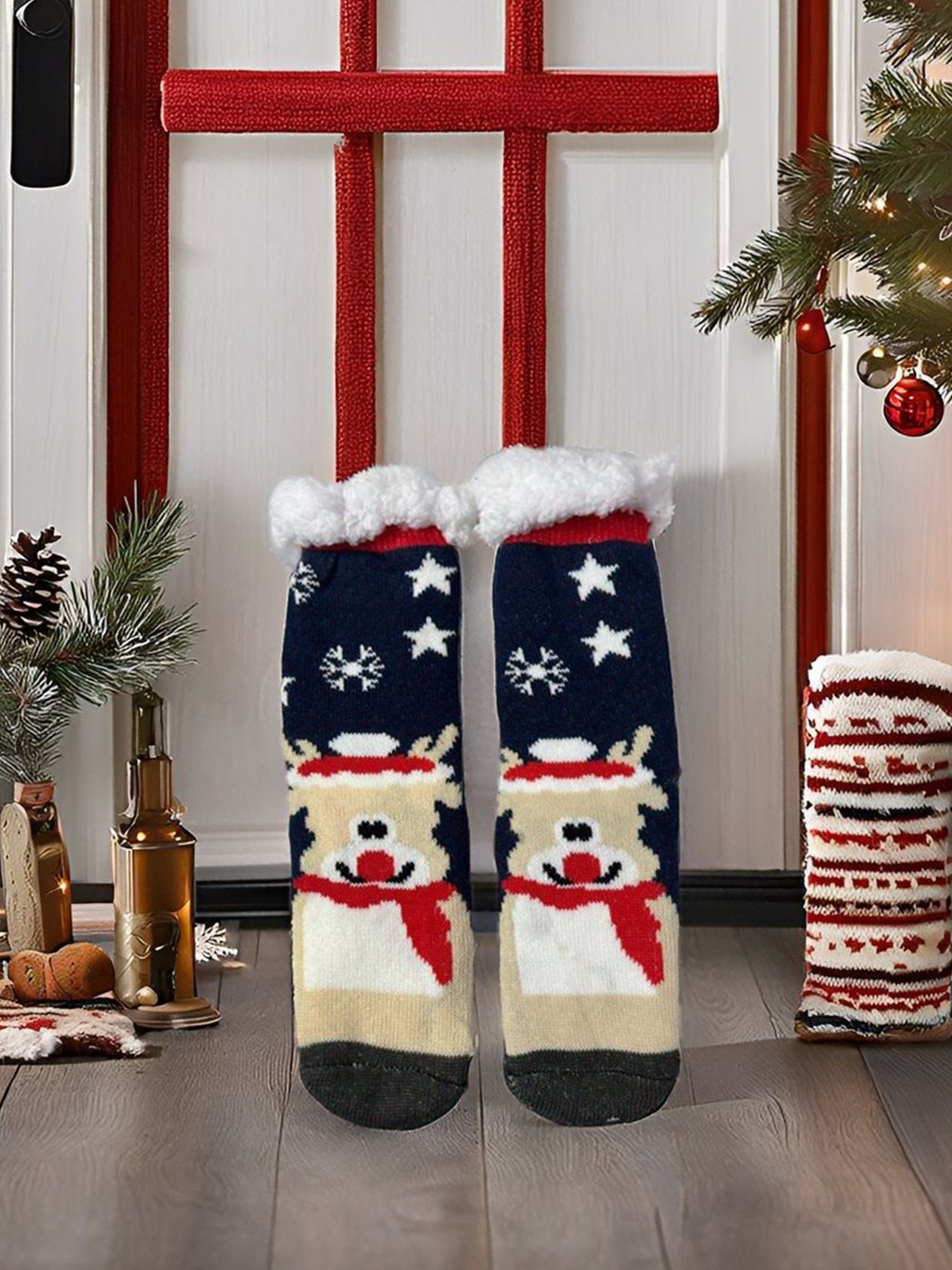 

Butterthief Unisex Printed Calf-Length Sherpa Socks, Beige