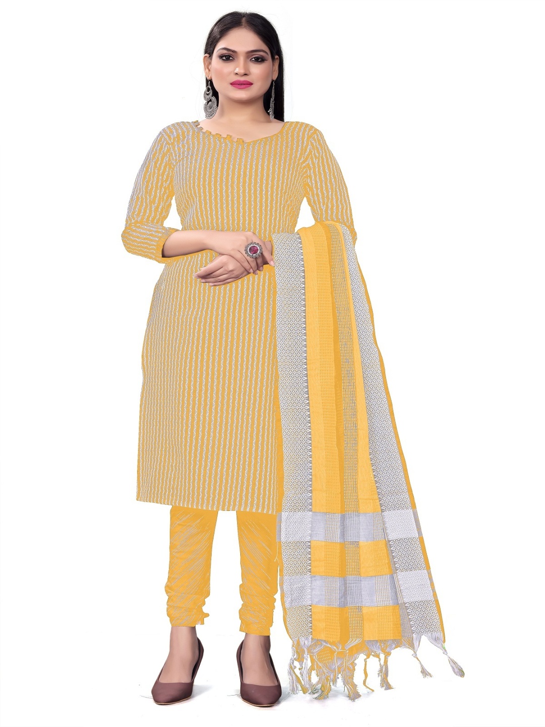 

Aika Striped Pure Cotton Unstitched Dress Material, Yellow