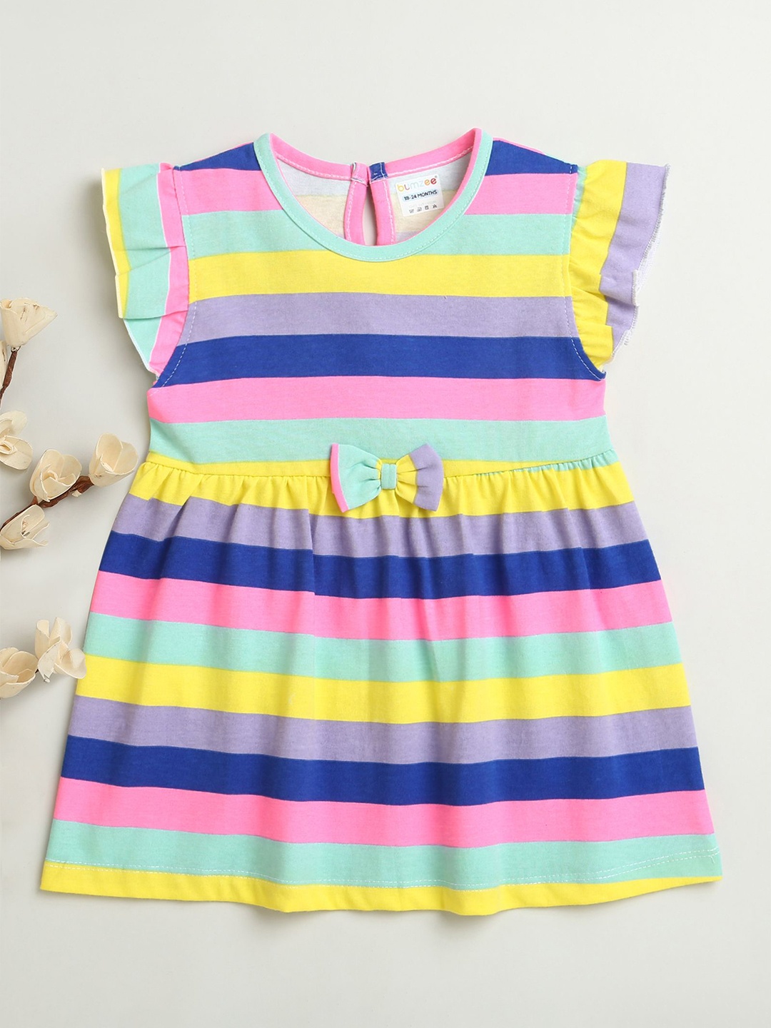 

BUMZEE Girls Striped Printed Fit and Flare Dress, Multi