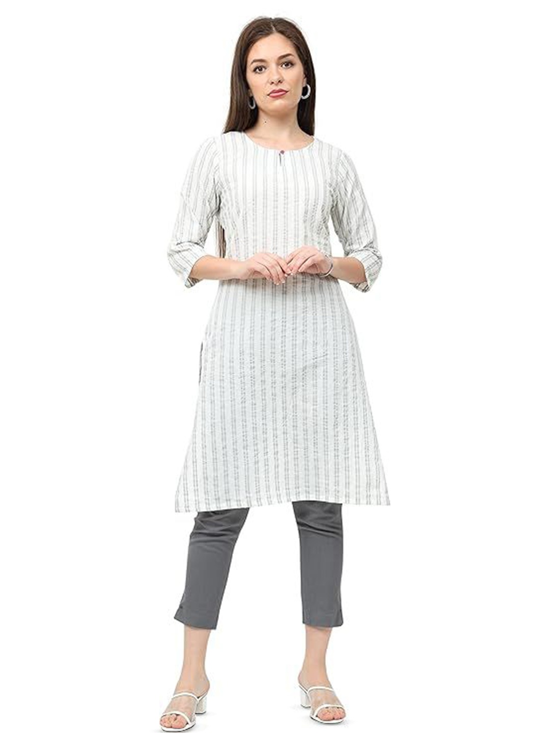 

GLAM & CHIQUE Printed Round Neck Kurta, White