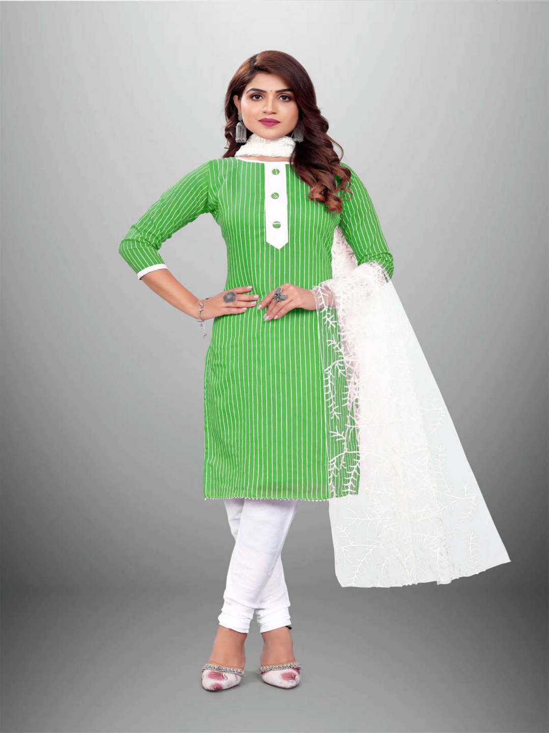 

Aika Striped Pure Cotton Unstitched Dress Material, Green
