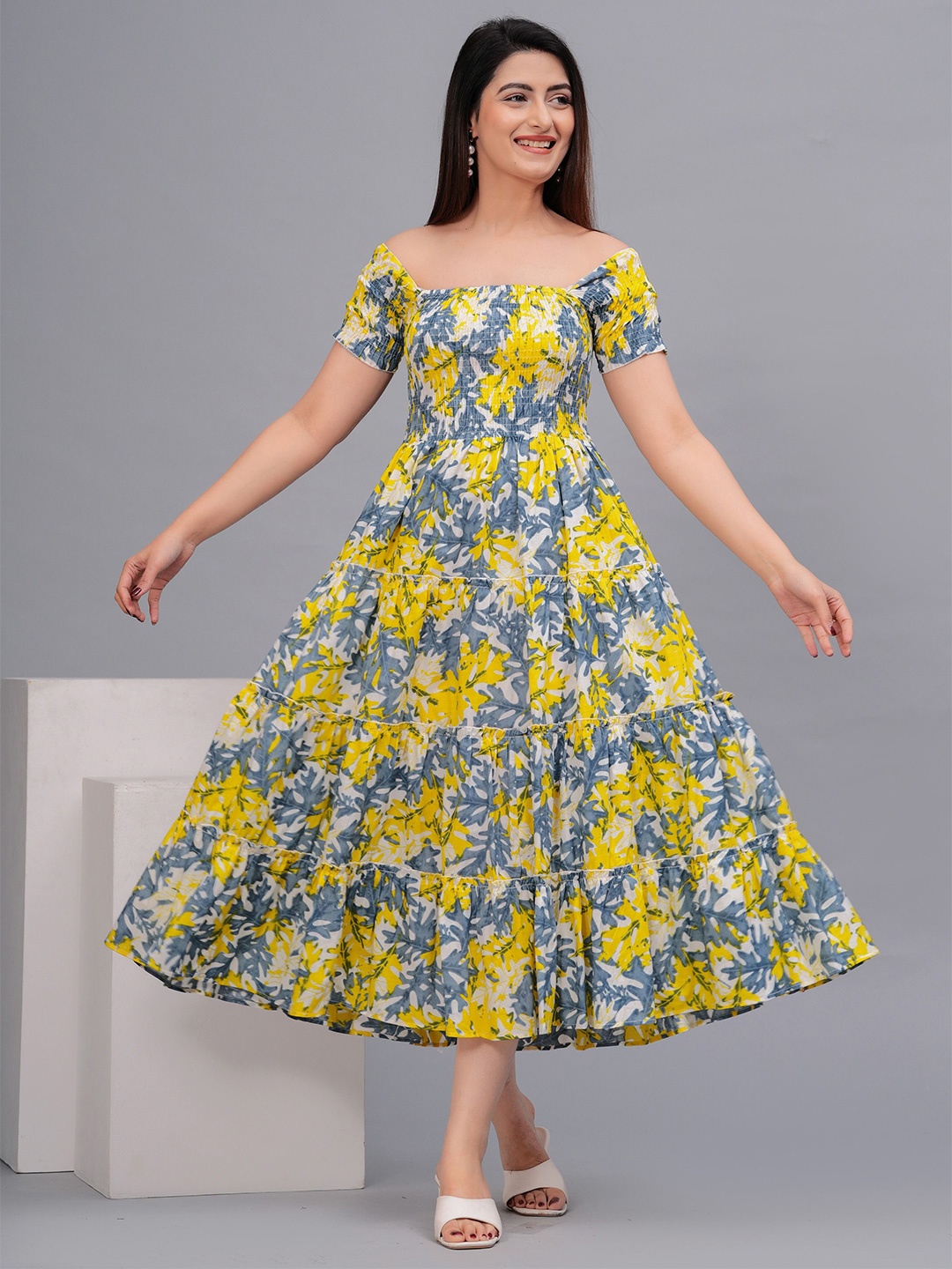 

Fmkcreation Floral Print Fit & Flare Maxi Dress, Grey