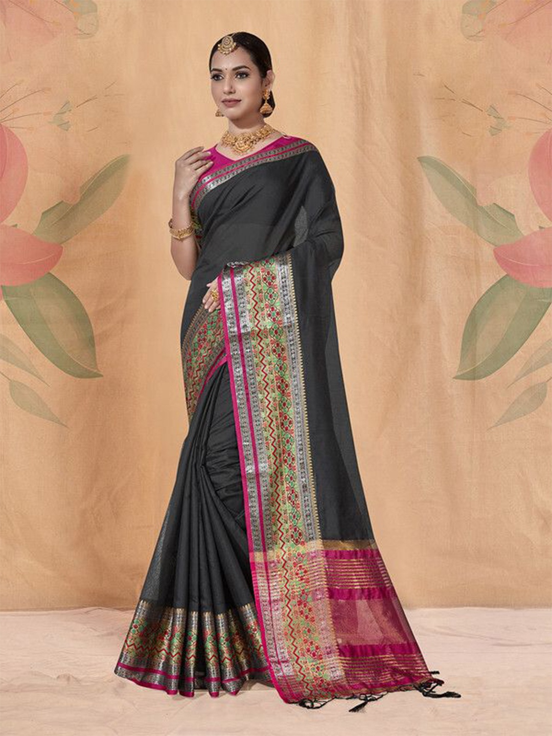 

sagarika Zari Chanderi Saree, Black