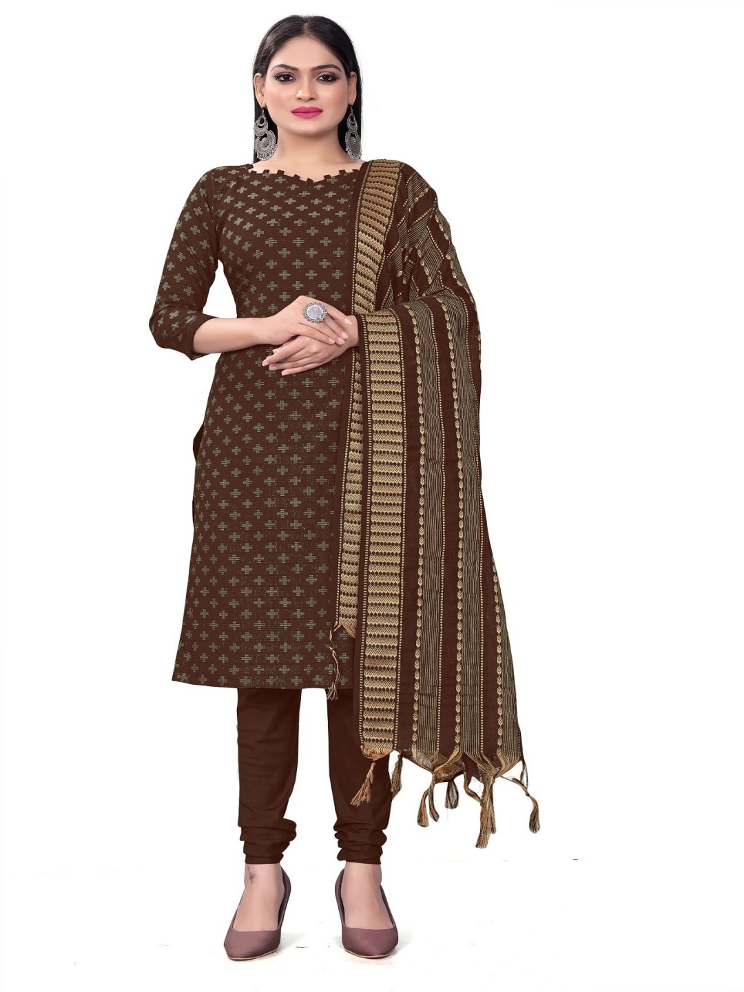 

Aika Geometric Printed Pure Cotton Unstitched Dress Material, Brown