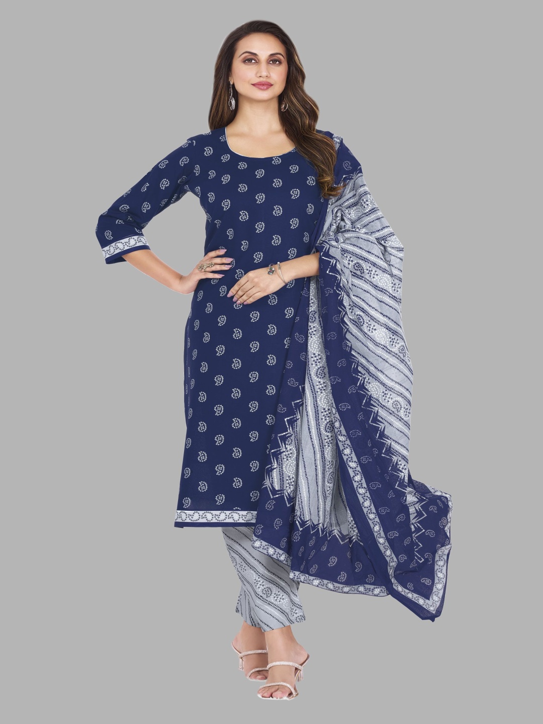 

shree jeenmata collection Women Paisley Printed Regular Pure Cotton Kurta with Churidar & With Dupatta, Blue