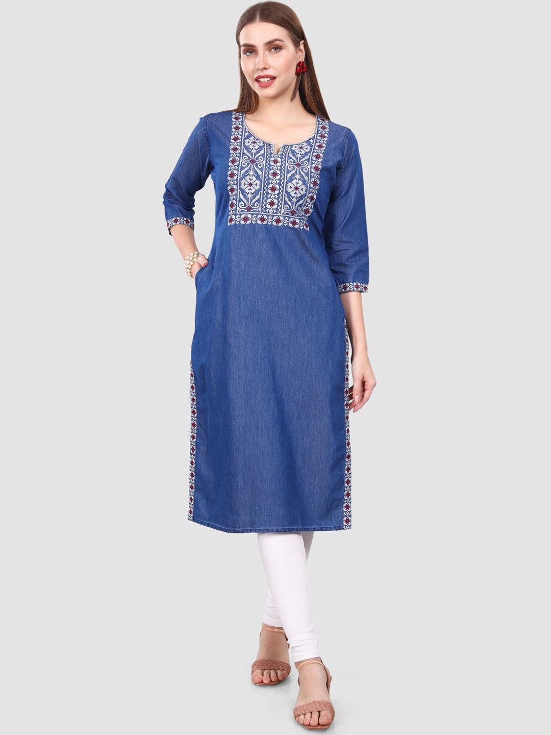 

SK Creation Women Embroidered Thread Work Denim Kurta, Blue