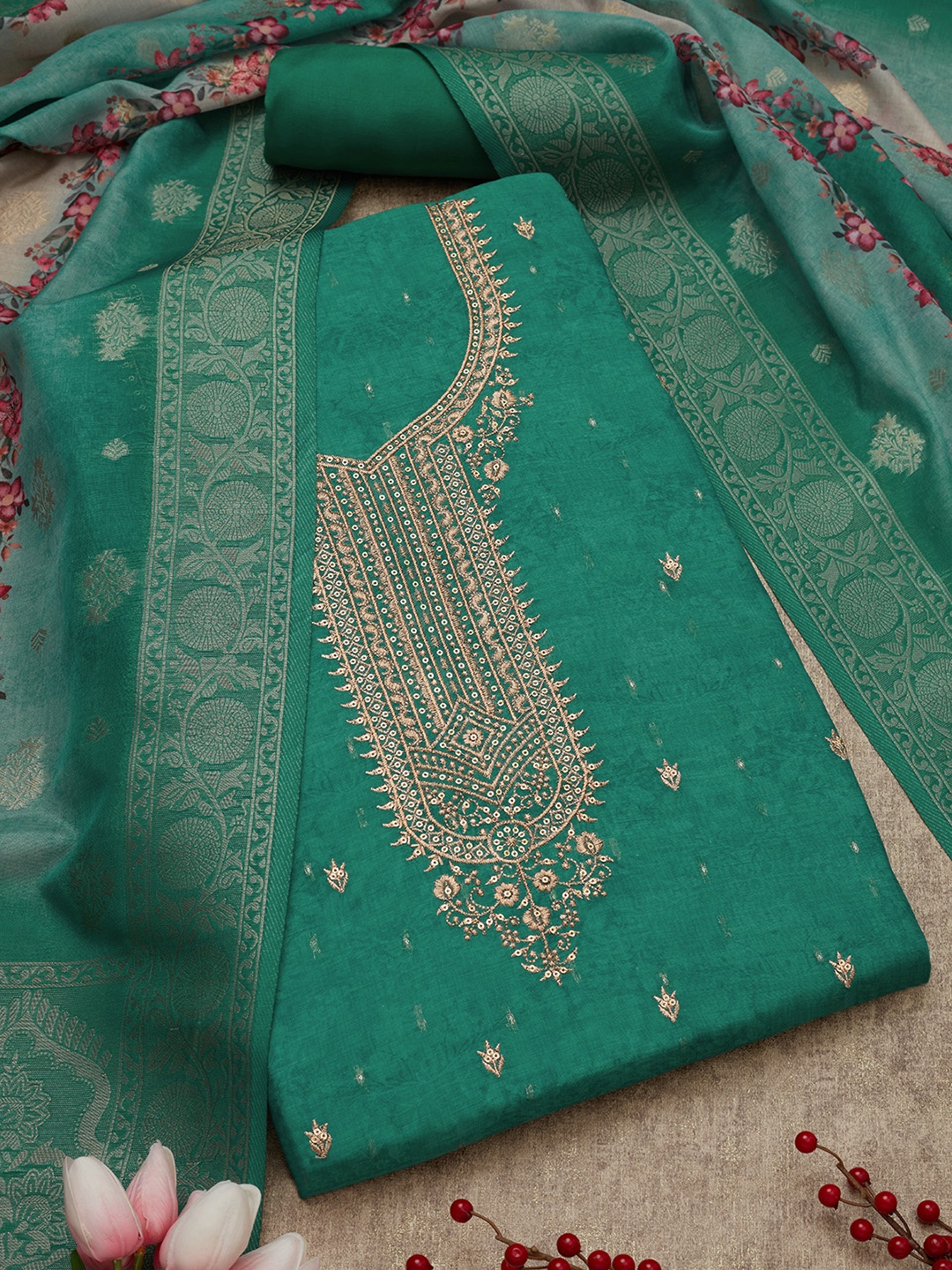 

Soch Floral Embroidered Sequinned Unstitched Dress Material, Teal