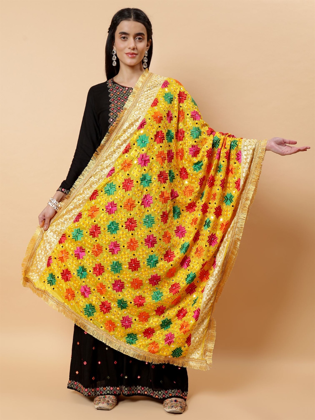 

Moda Chales Ethnic Motifs Embroidered Mirror Work Phulkari Dupatta, Yellow