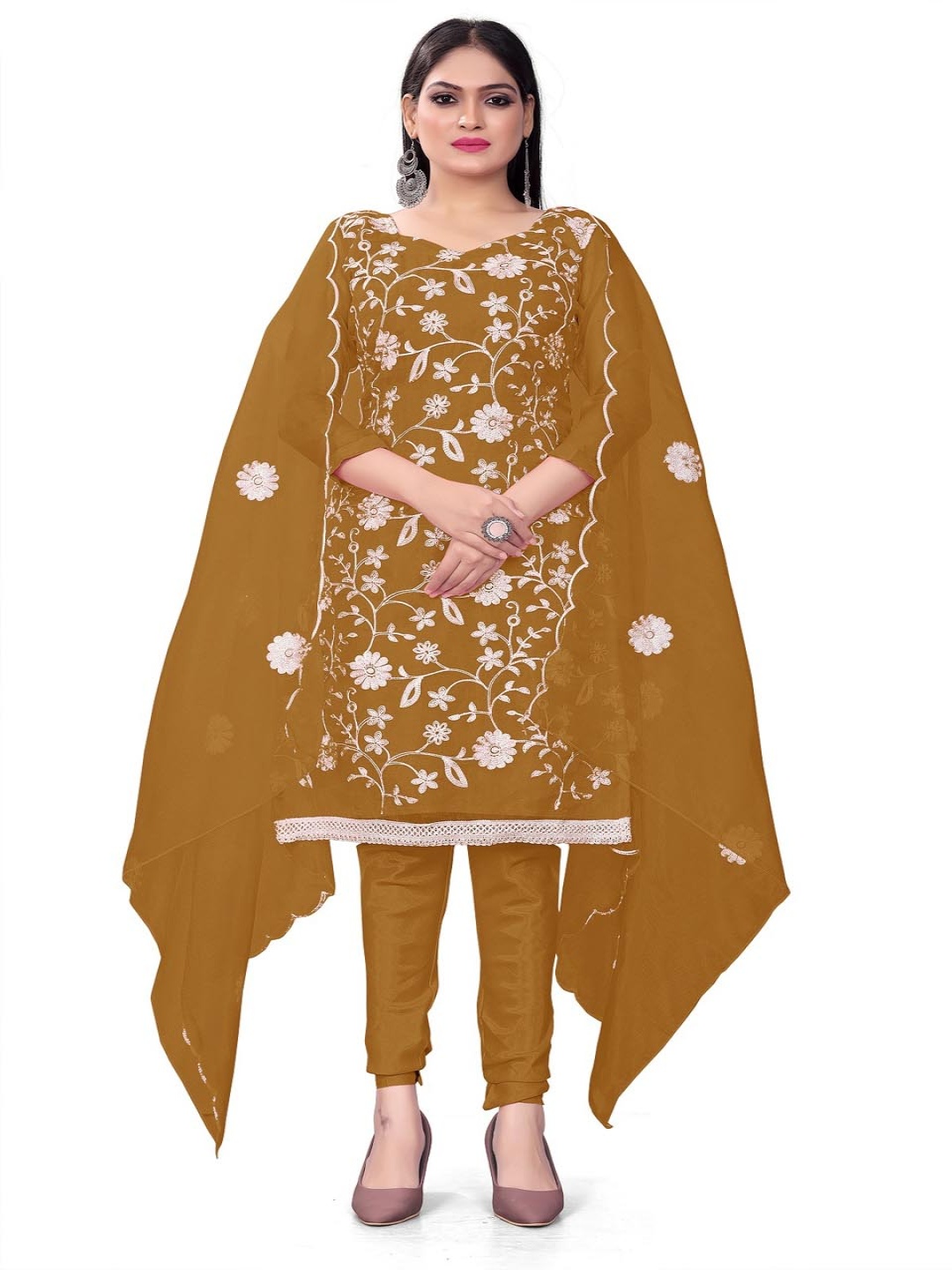 

Aika Floral Embroidered Organza Unstitched Dress Material, Mustard