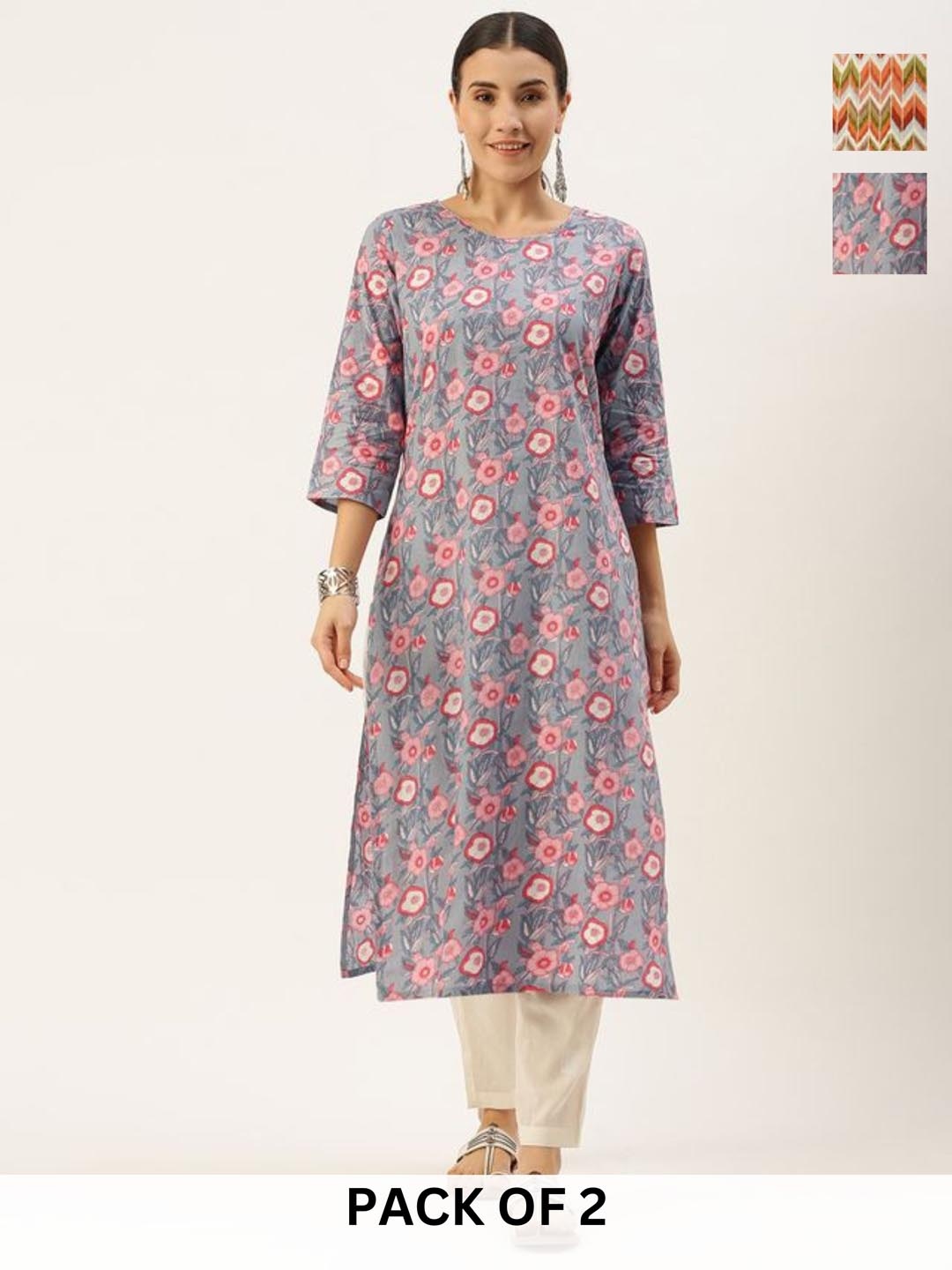 

KALINI Selection Of 2 Floral Printed Straight Kurta With Trousers, Grey