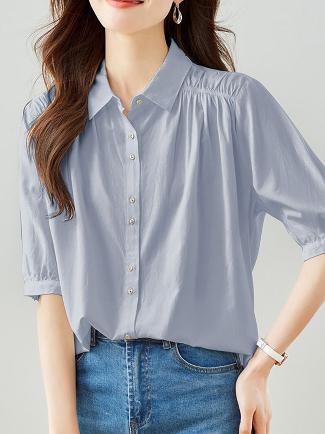 

StyleCast Women Solid Short Sleeves Casual Shirt, Blue