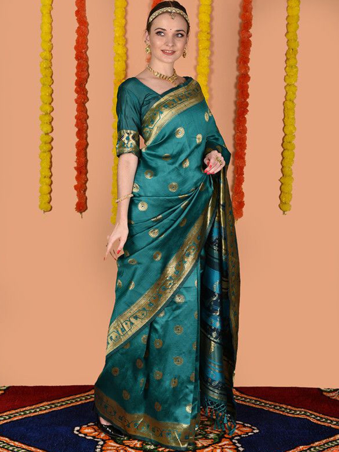 

sagarika Woven Design Zari Paithani Saree, Turquoise blue