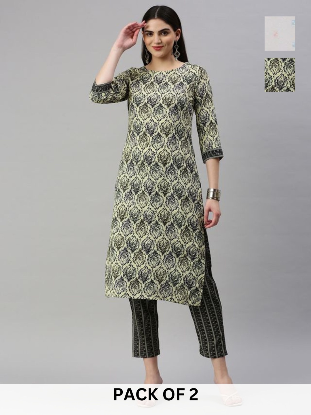 

KALINI Selection Of 2 Geometric Printed Cotton Blend Straight Kurta With Trousers, Green