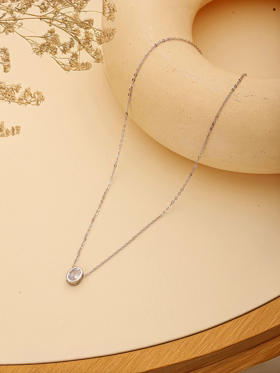 

SARAF SILVERETZ 925 Sterling Silver-Plated CZ Studded Oval AD Solitaire Minimal Chain