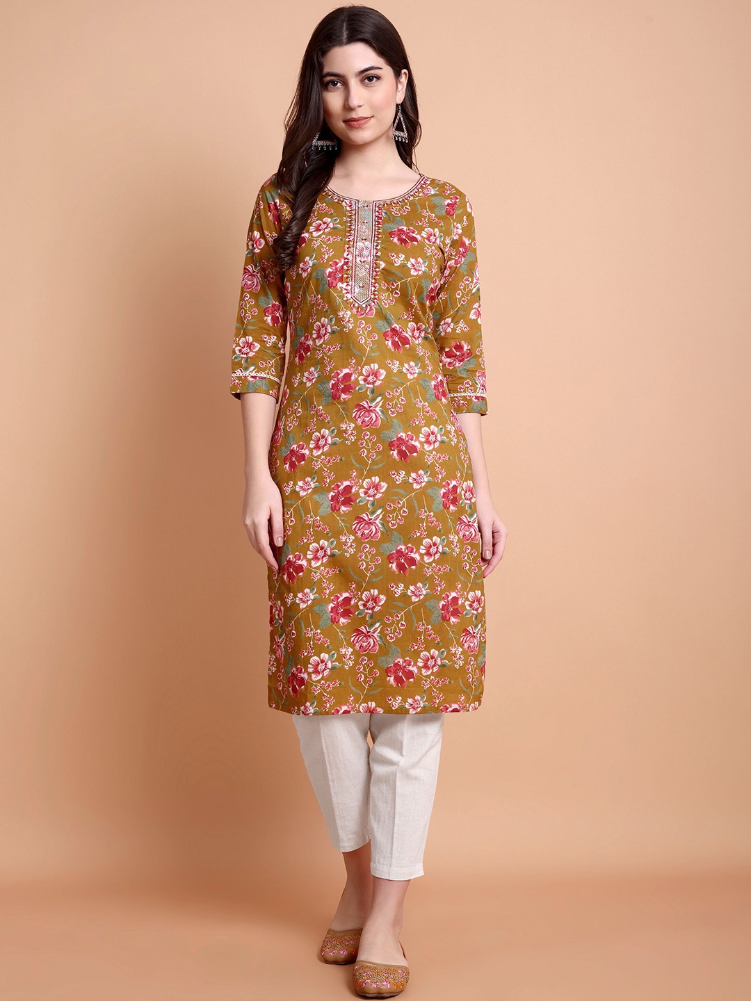 

WILL BOTTOM Women Floral Printed Pure Cotton Kurta, Yellow