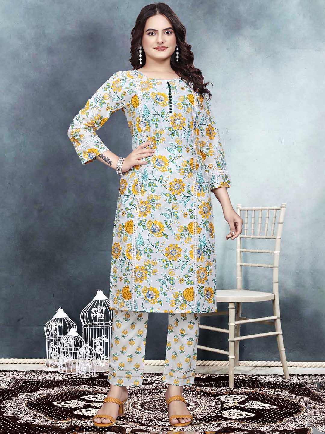 

Siya Fashion Floral Printed Round Neck Straight Kurta With Trousers, White