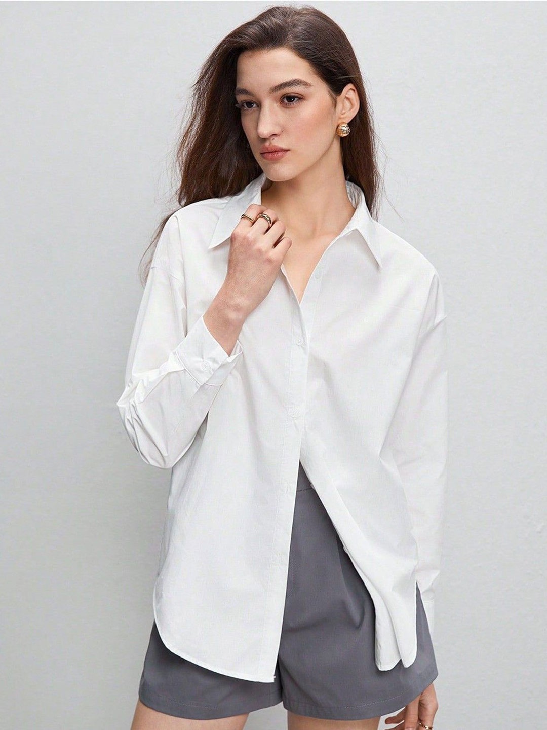 

NANCHI Women Comfort Relaxed Fit Spread Collar Solid Cotton Casual Shirt, White