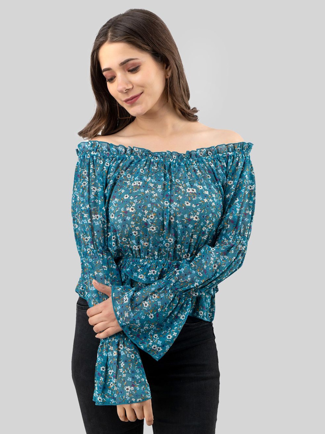 

DressBerry Floral Printed Off-Shoulder Chiffon Bardot Top, Blue