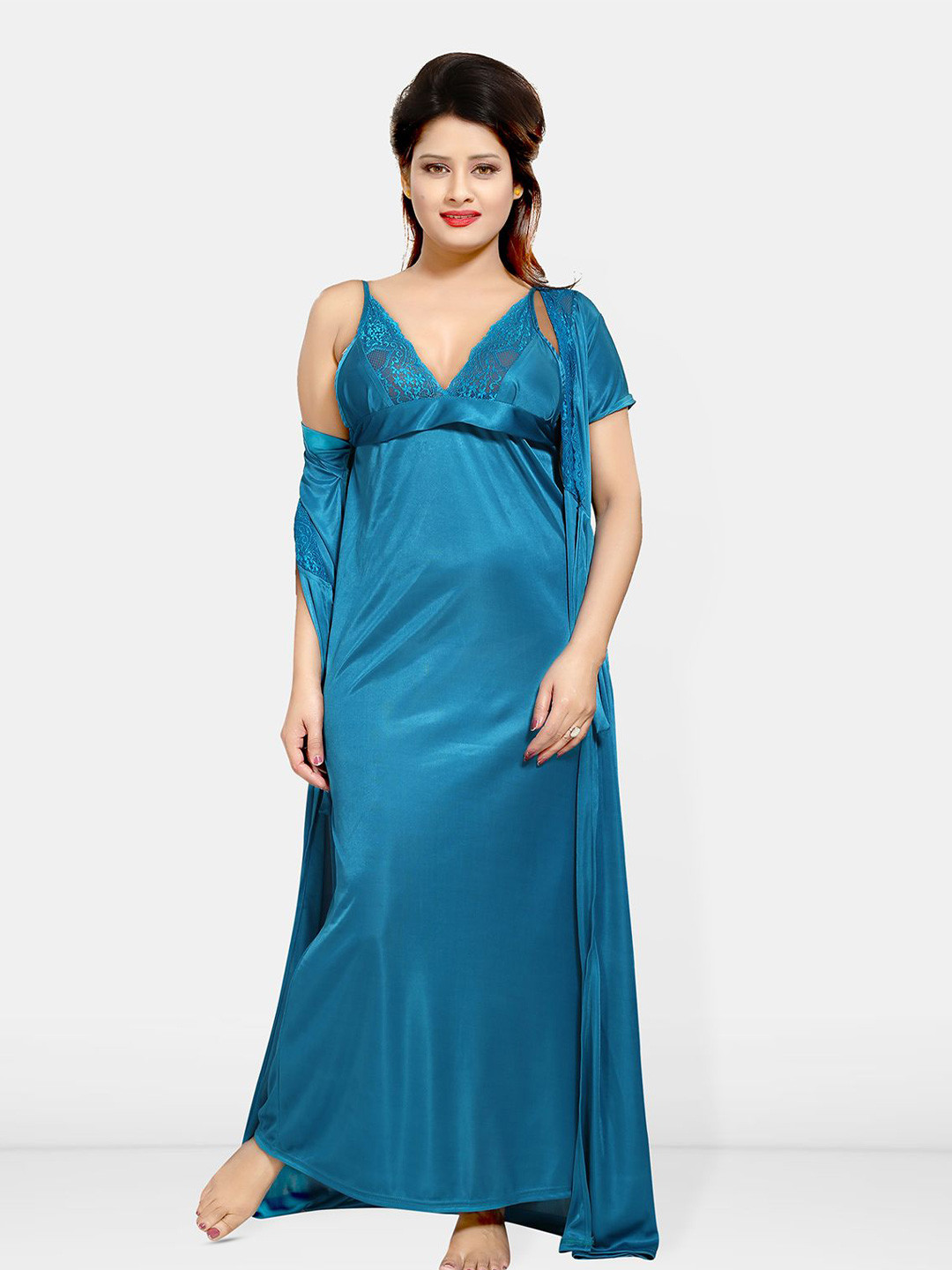 

Be You Women Set of 4 Satin Wrap Nightdress, Teal
