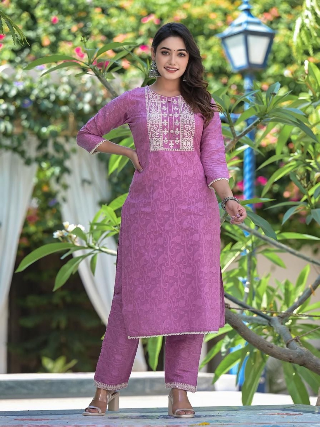 

Gauric creation Floral Embroidered Thread Work Pure Cotton Kurta With Trouser And Dupatta, Lavender